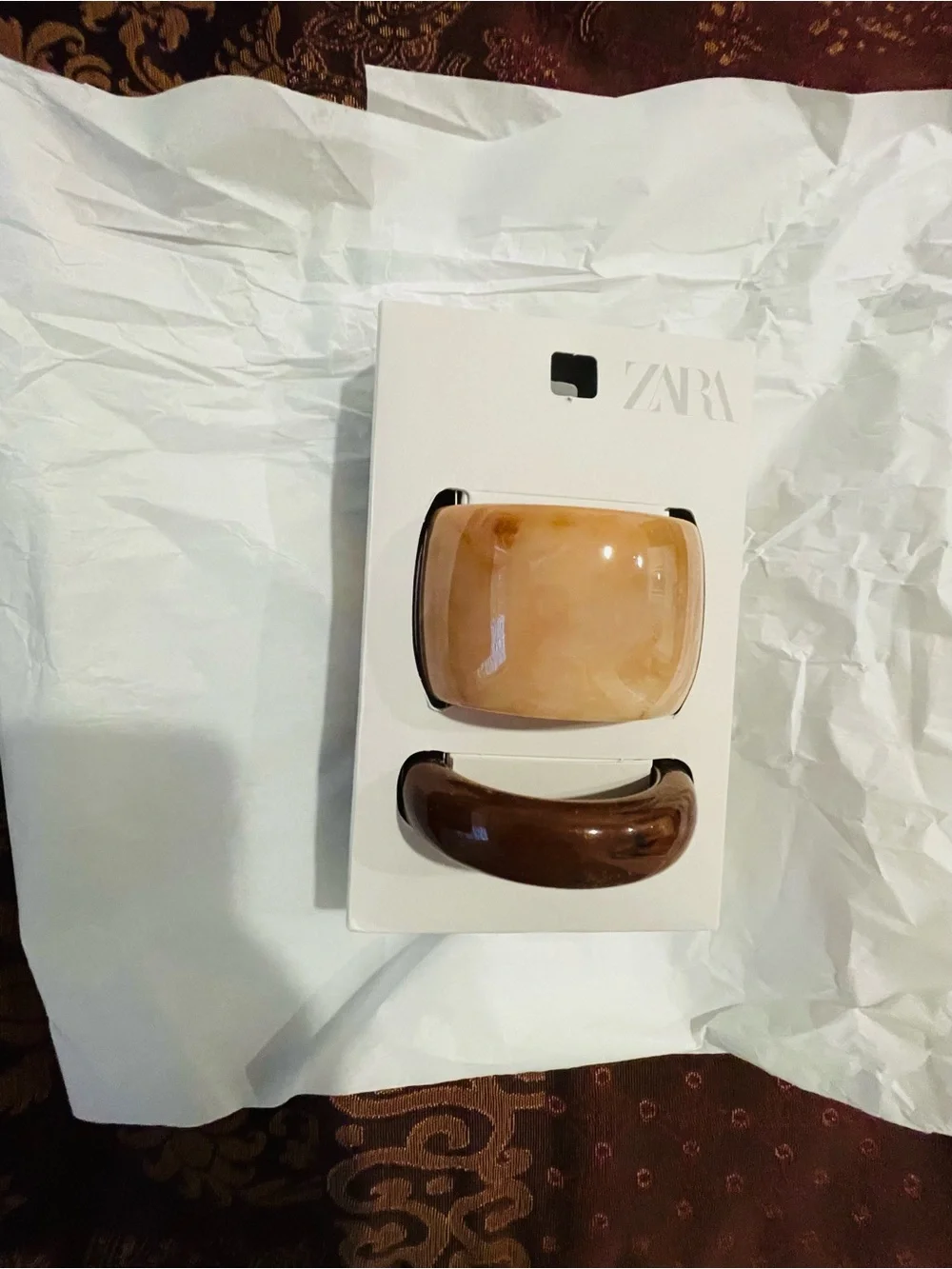 Zara NWT Set of 2 Rigid Resin Bangle Brown & Marble Ivory Statement Bracelets